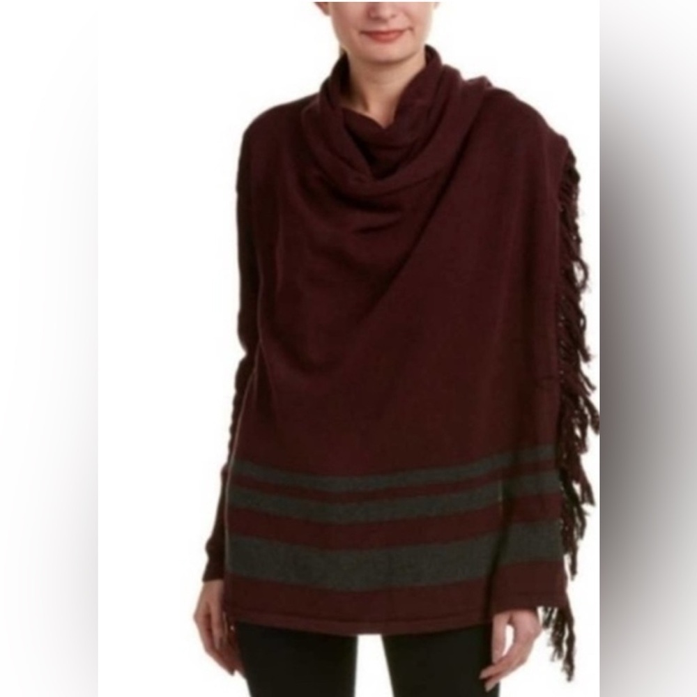 CAbi Burgundy Fringe Sweater with Gray Stripes Style 3002 Size M